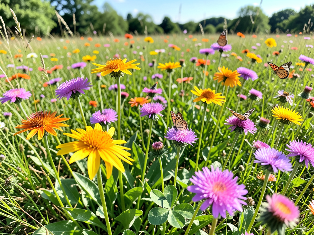 A variety of wild edible summer flowers including daylilies, clover, and chicory blooming in a sunny meadow