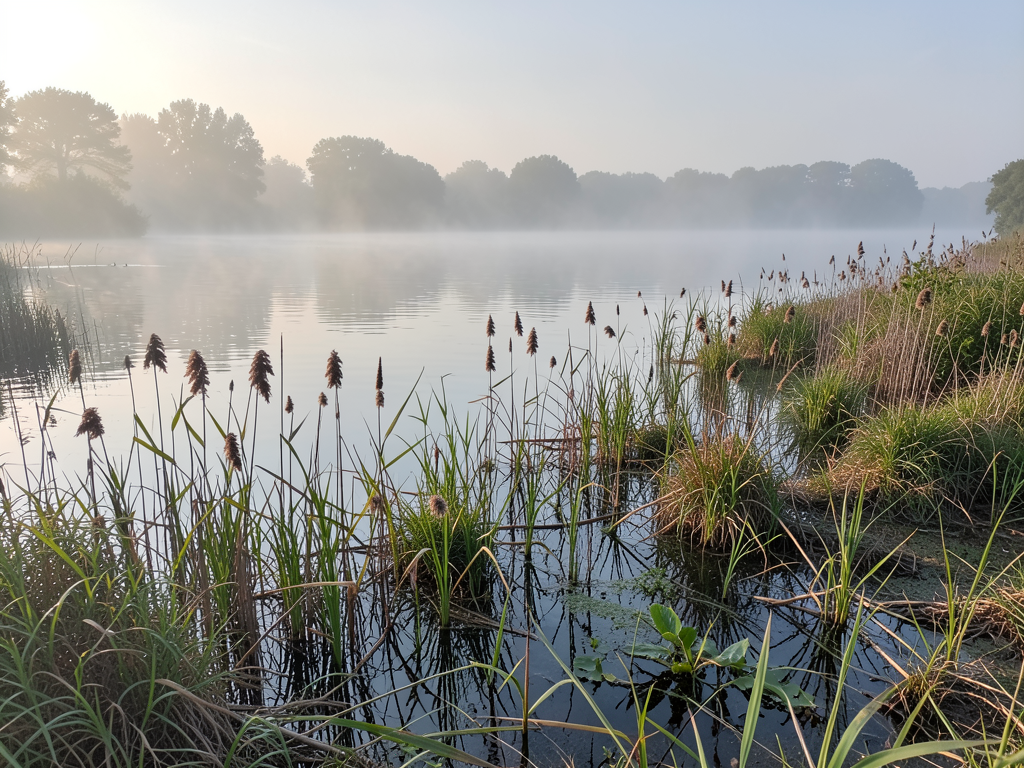 Wetland edge with cattails and water plants, morning mist