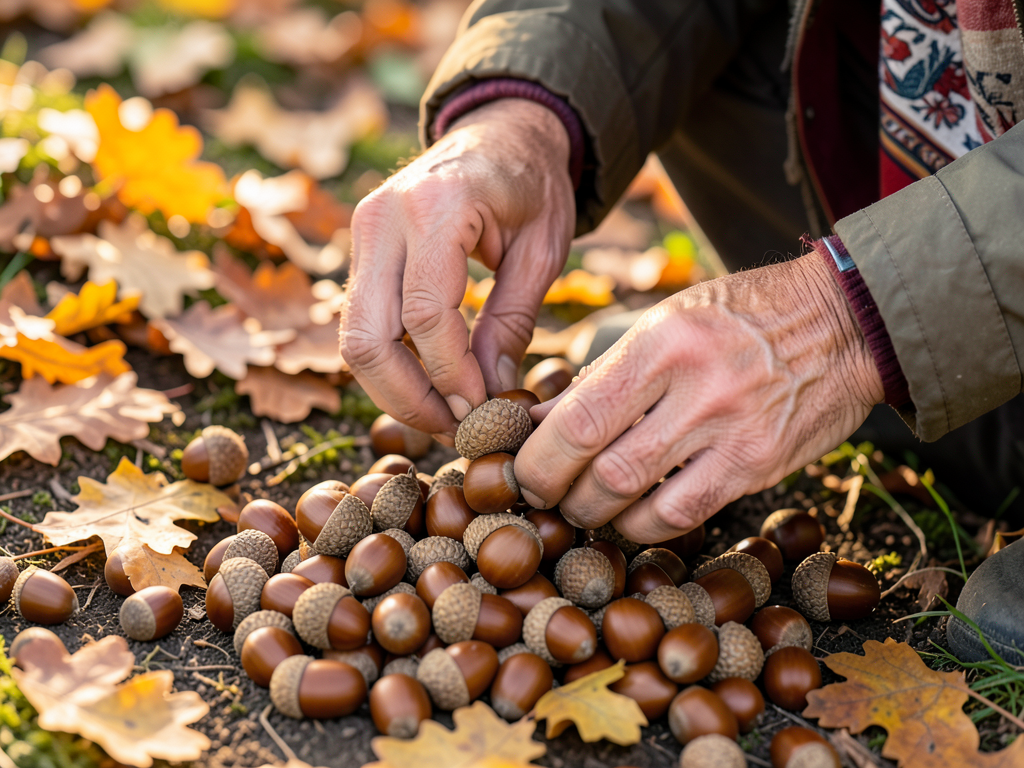 Sorting acorns on a bandana with oak leaves in background