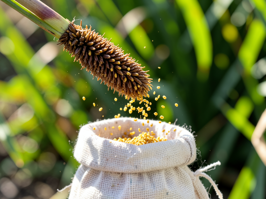 Cattail pollen falling from a brown spike into a cloth bag