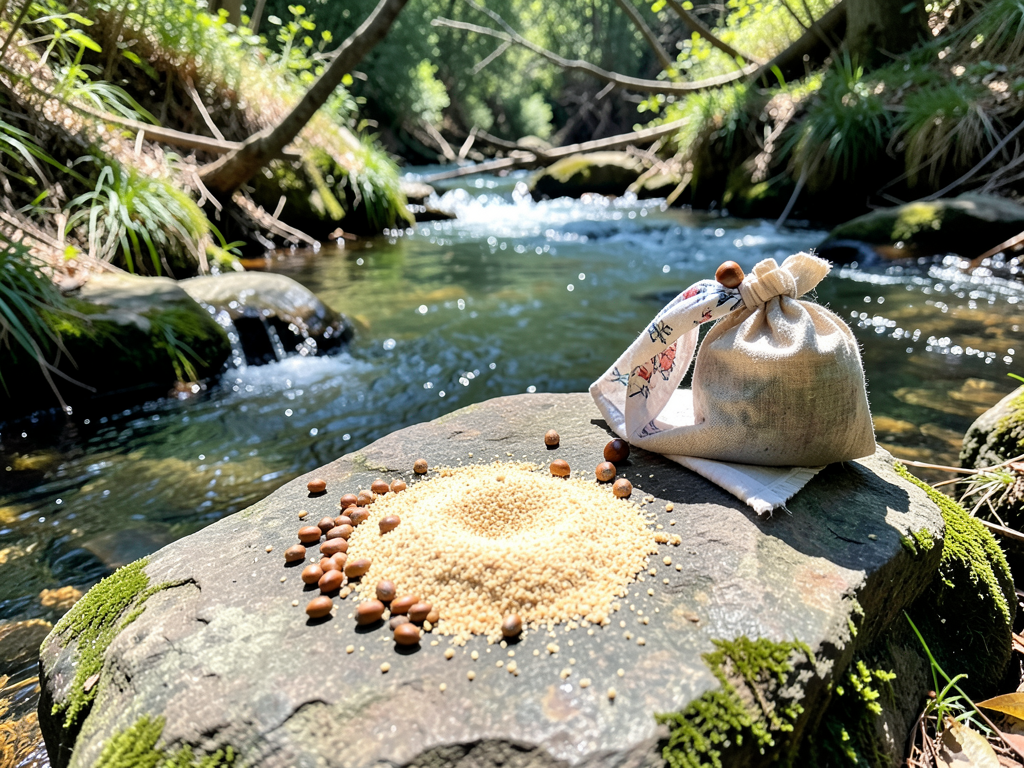 Cold-leaching acorns in a stream with bandana, drying flour on rock