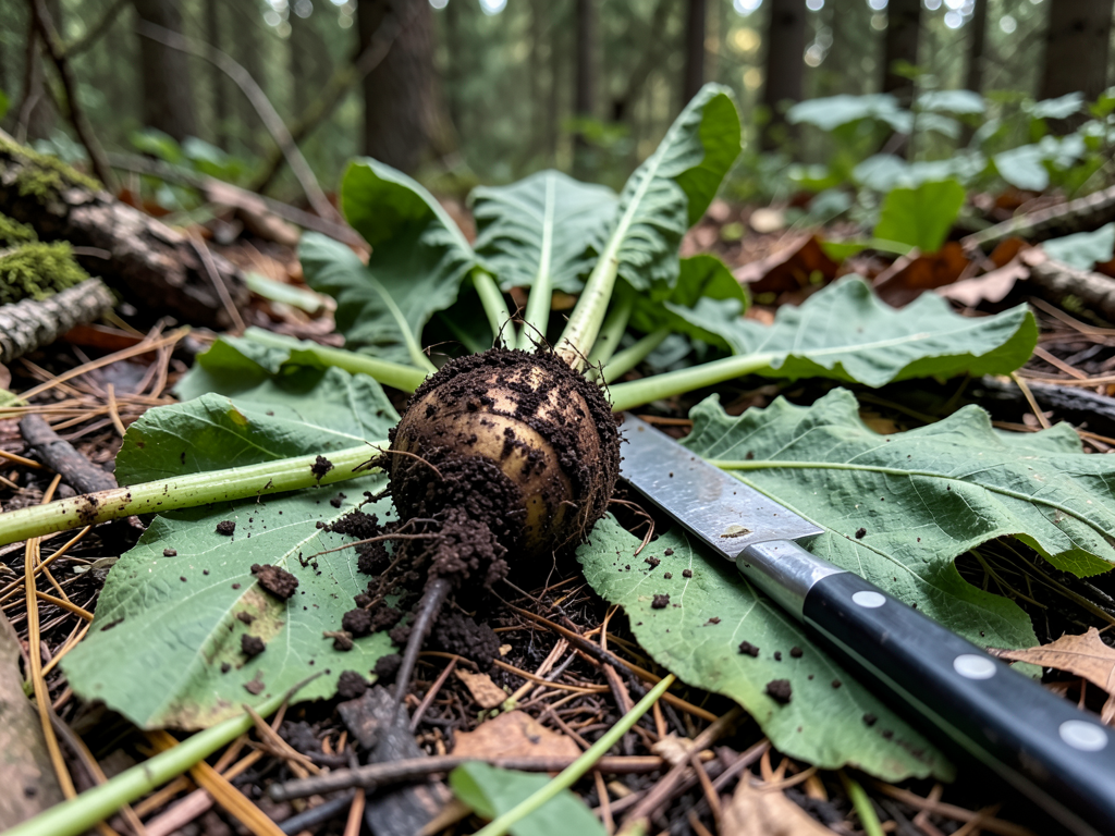 Freshly dug burdock root on leaves next to a foraging knife
