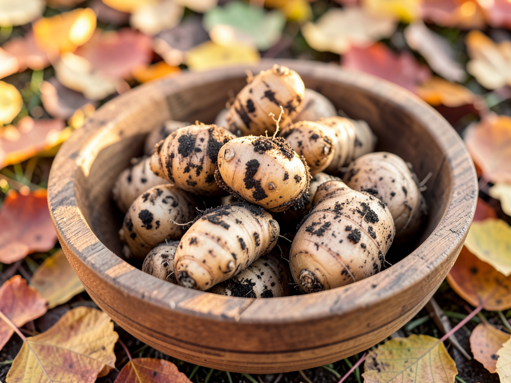 Sunchoke tubers in a wooden bowl with autumn leaves
