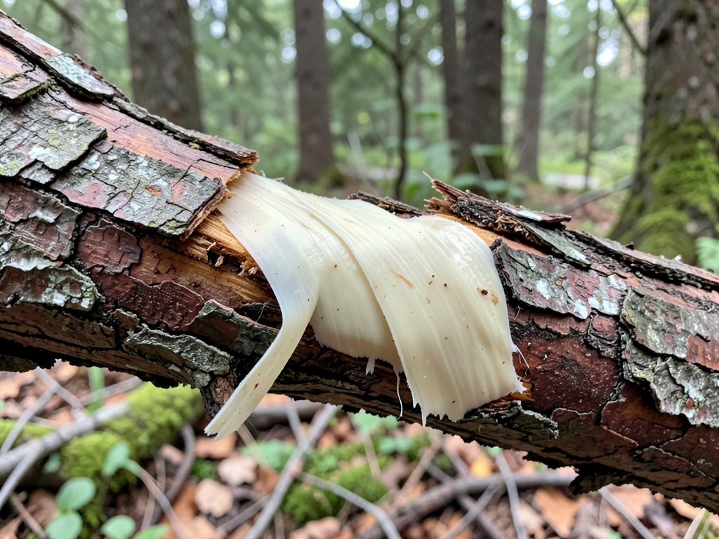 Strips of pine cambium peeled from a fallen branch