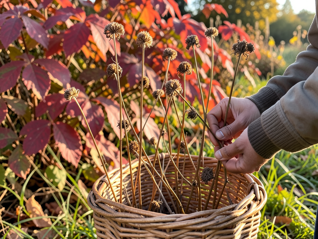 Stripping curly dock seeds from stalks into a woven basket