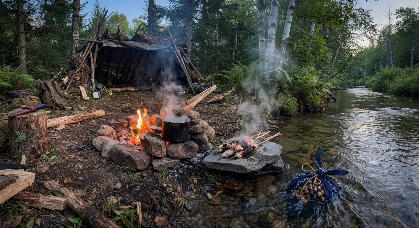 Campsite at dusk with fire, rock-boiling setup, and shelter