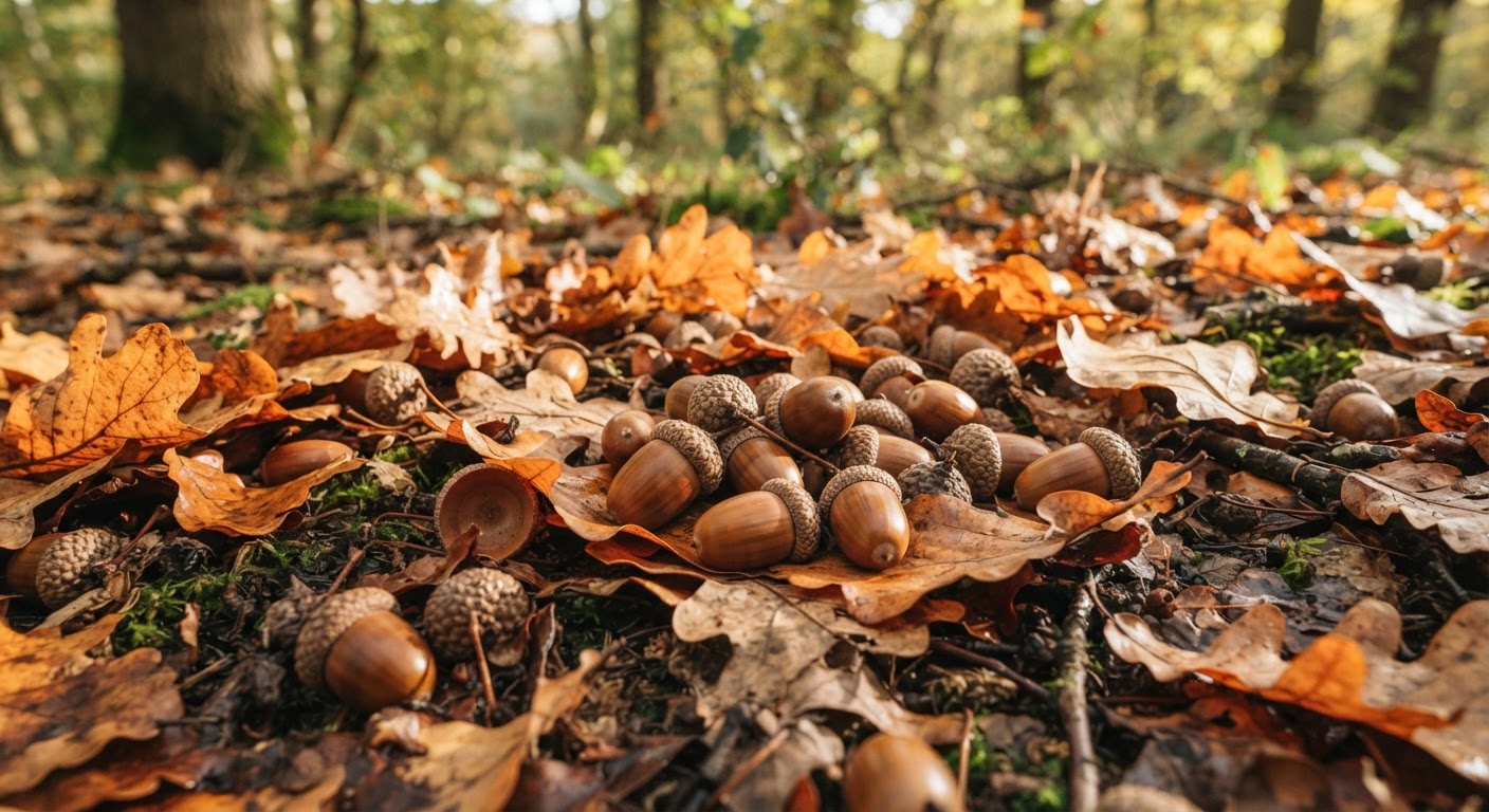Acorns scattered across oak leaves on the forest floor in autumn light
