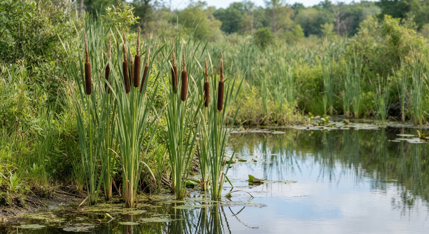 Tall cattail plants with brown seed heads growing at the edge of a still marsh pond