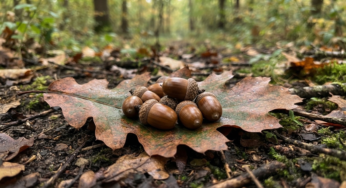 A small pile of fresh acorns resting on a large oak leaf on the forest floor
