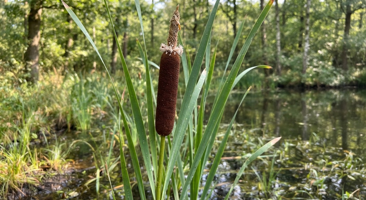 A mature cattail plant with a brown seed head and tall green leaves at a pond edge