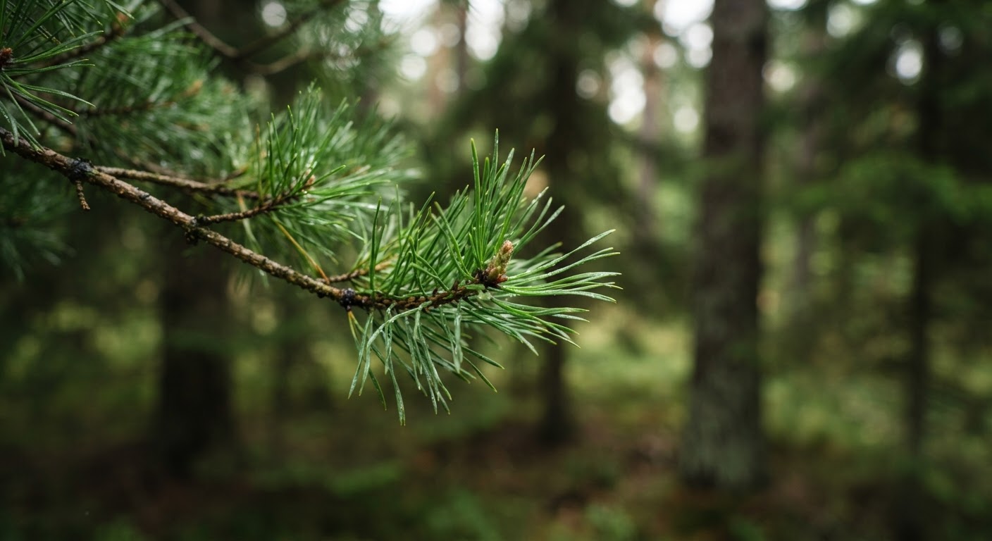 Close-up of fresh green pine needles on a branch in a forest