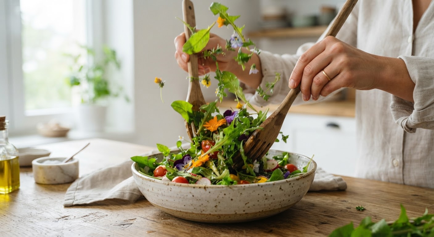 Close-up of hands tossing a bright wild green salad with wooden forks in a ceramic bowl