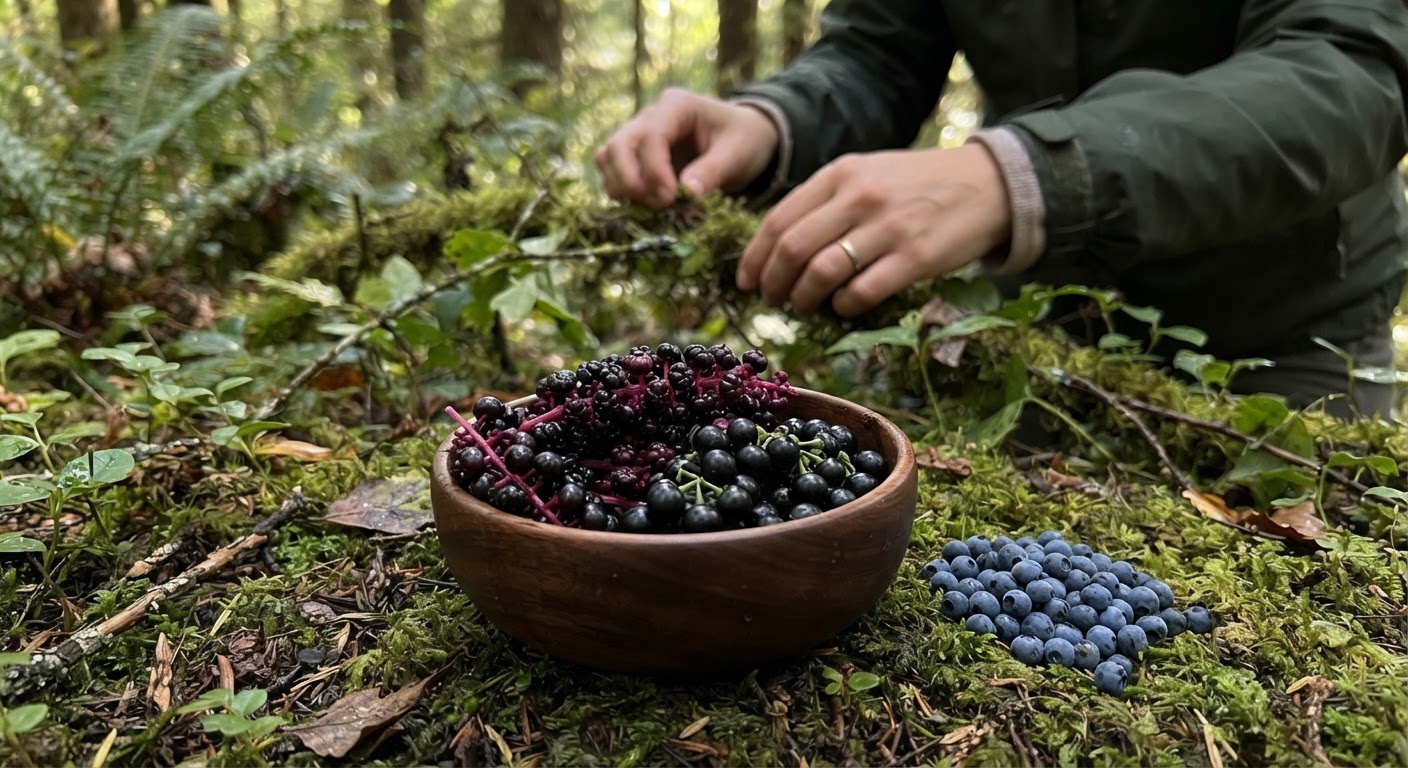 Dark purple pokeberries and glossy black nightshade berries beside a small pile of true wild blueberries
