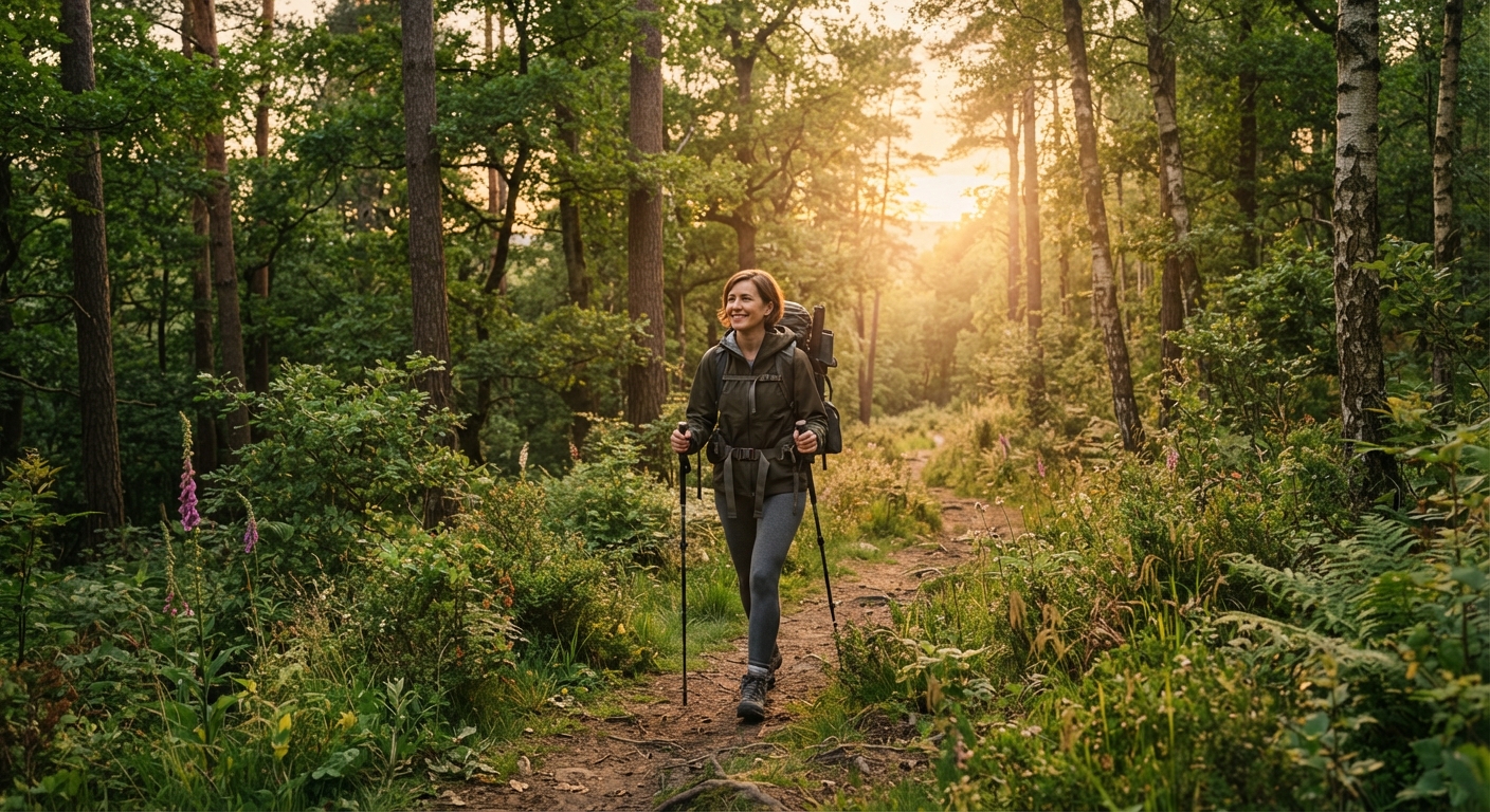 Golden hour forest trail with backpacker at sunset