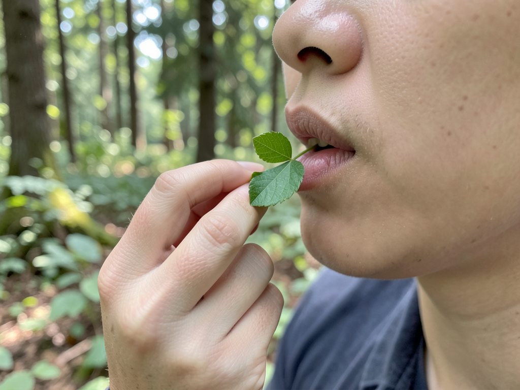 Lip contact test with wild green leaf in forest