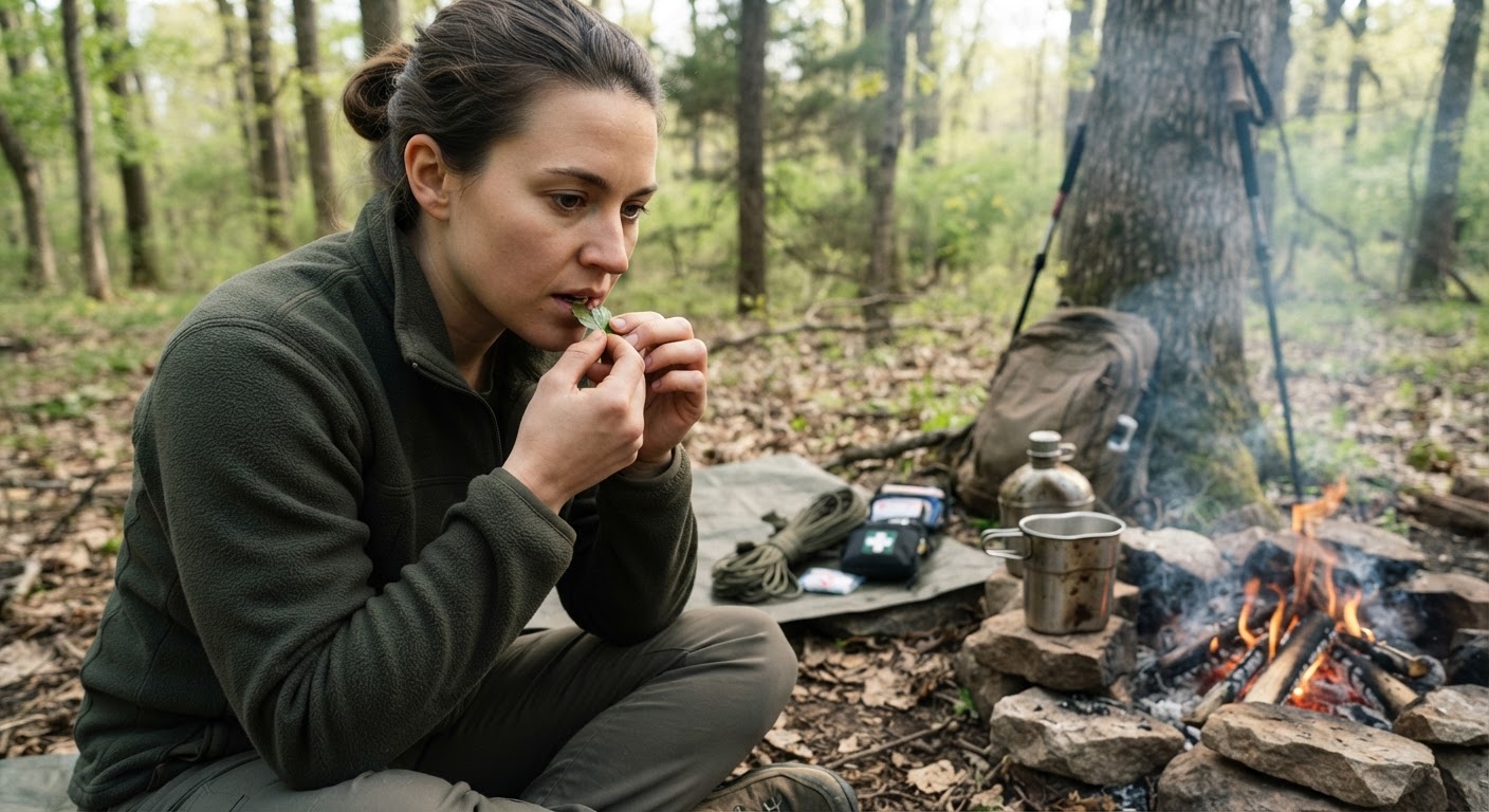 A person touching a small piece of wild plant to their lower lip in a careful edibility test, sitting by a small campfire with a canteen and survival gear in the background, natural daylight