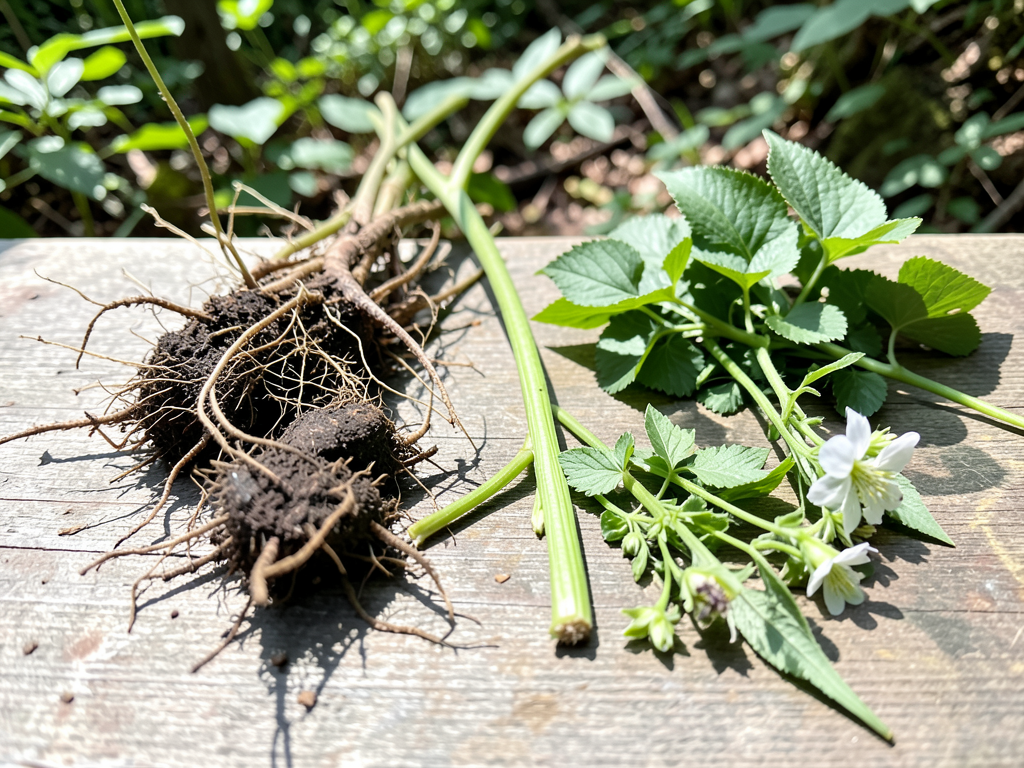 Separated parts of wild plant on forest floor
