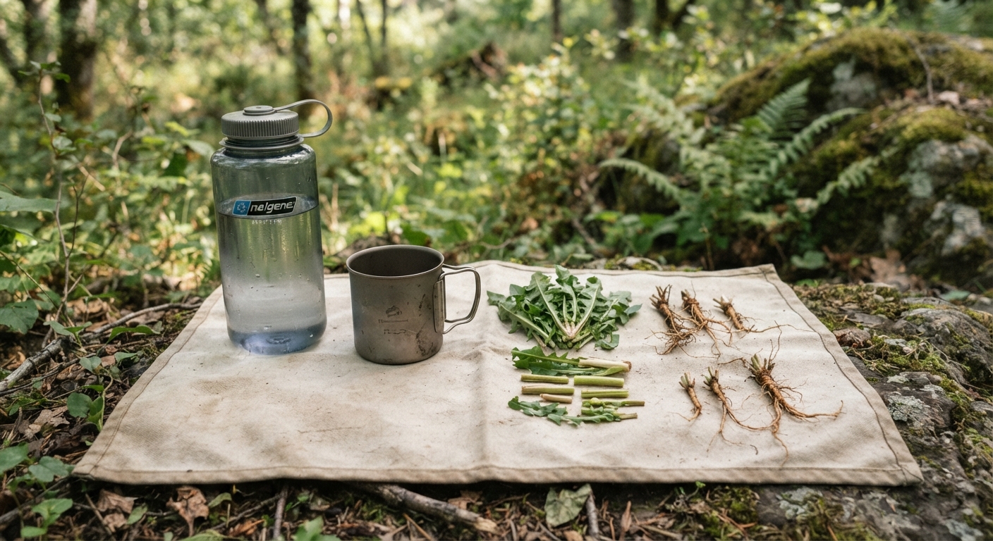 A survival pre-flight setup laid out on a clean cloth outdoors: water, a small cup, and a wild plant cut into leaf, stem, and root pieces