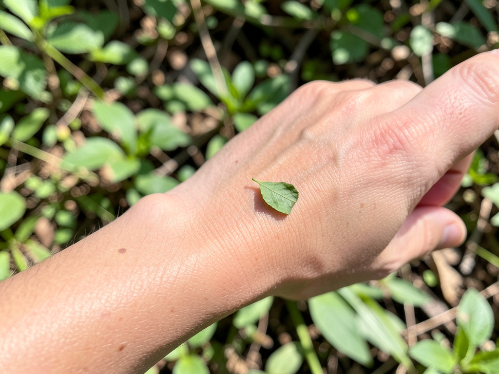 Skin contact edibility test on inner wrist with crushed plant leaf