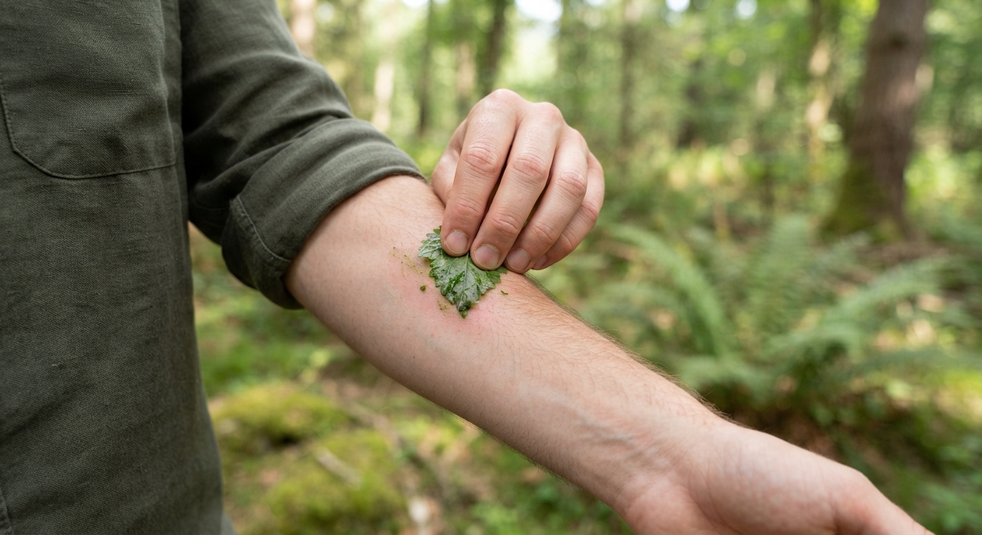 Close-up of a hand gently pressing a crushed wild plant leaf against the inside of a forearm to test for a skin reaction, outdoors with soft green forest background