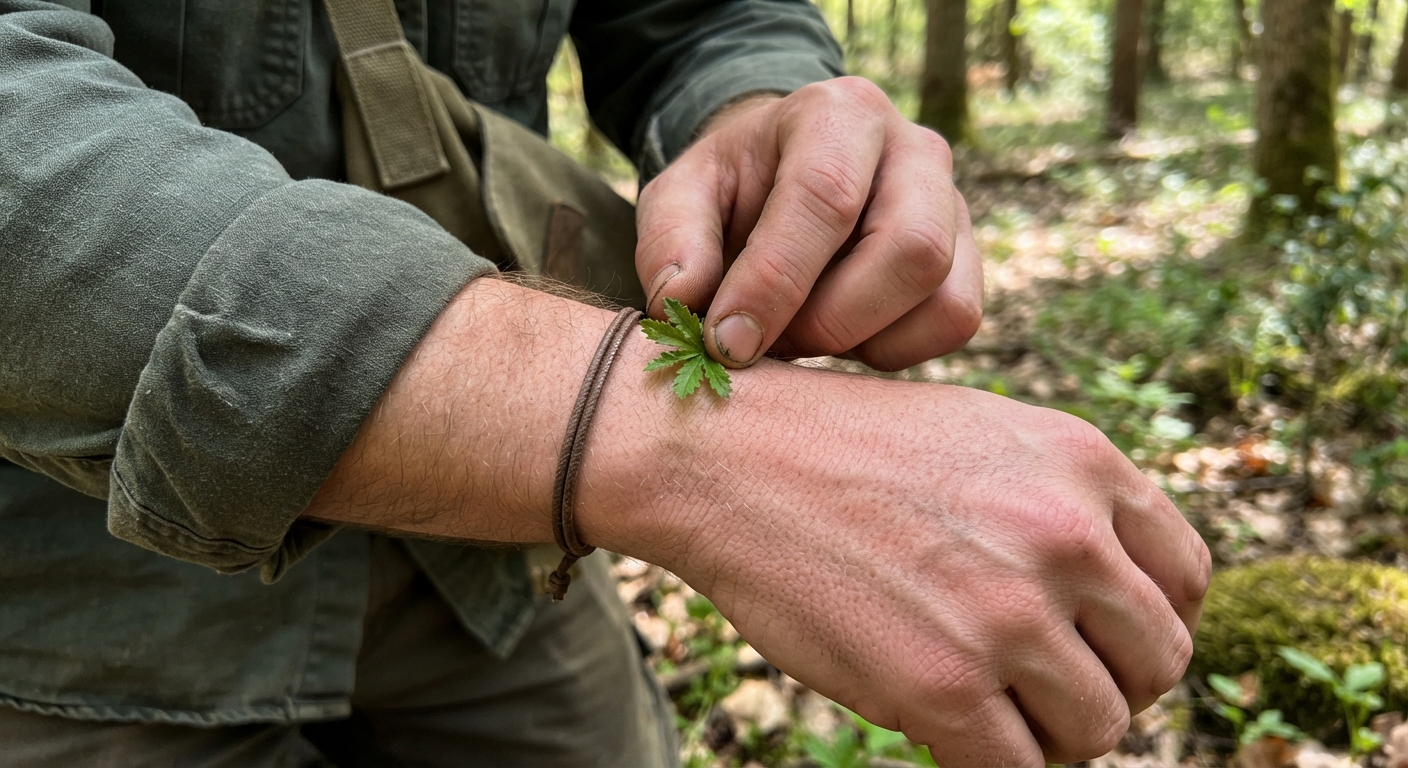 Close-up of a person carefully touching a tiny piece of green plant to the inside of their wrist for a skin contact test