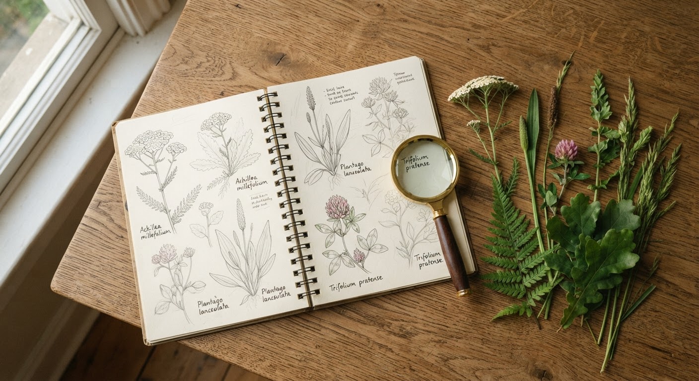 A field notebook with plant sketches, magnifying glass, and fresh sample