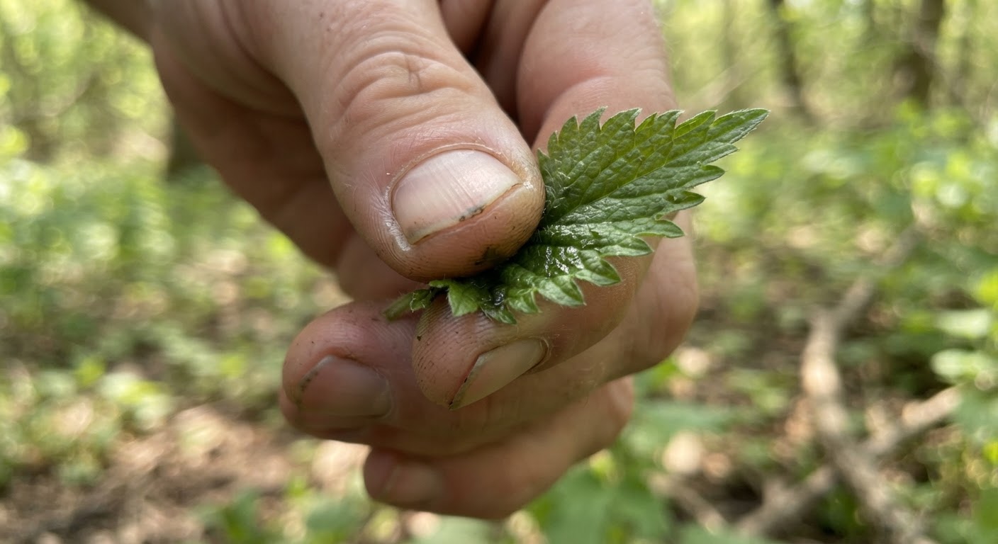 A close-up of fingers crushing a wild leaf to test its smell