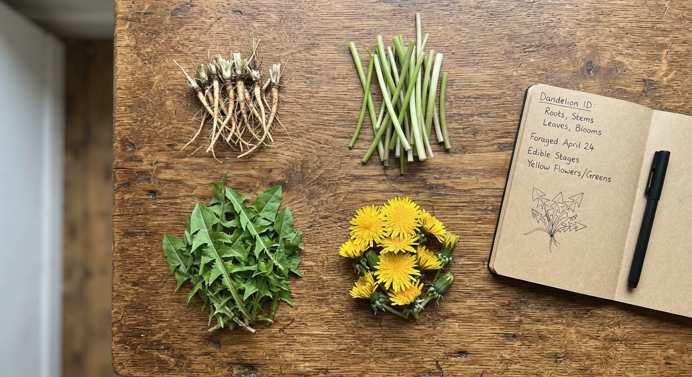 A flat lay arrangement on a wooden table showing separated parts of a wild edible plant — roots, stems, leaves, and flowers neatly organized into four small piles, with a notebook beside them
