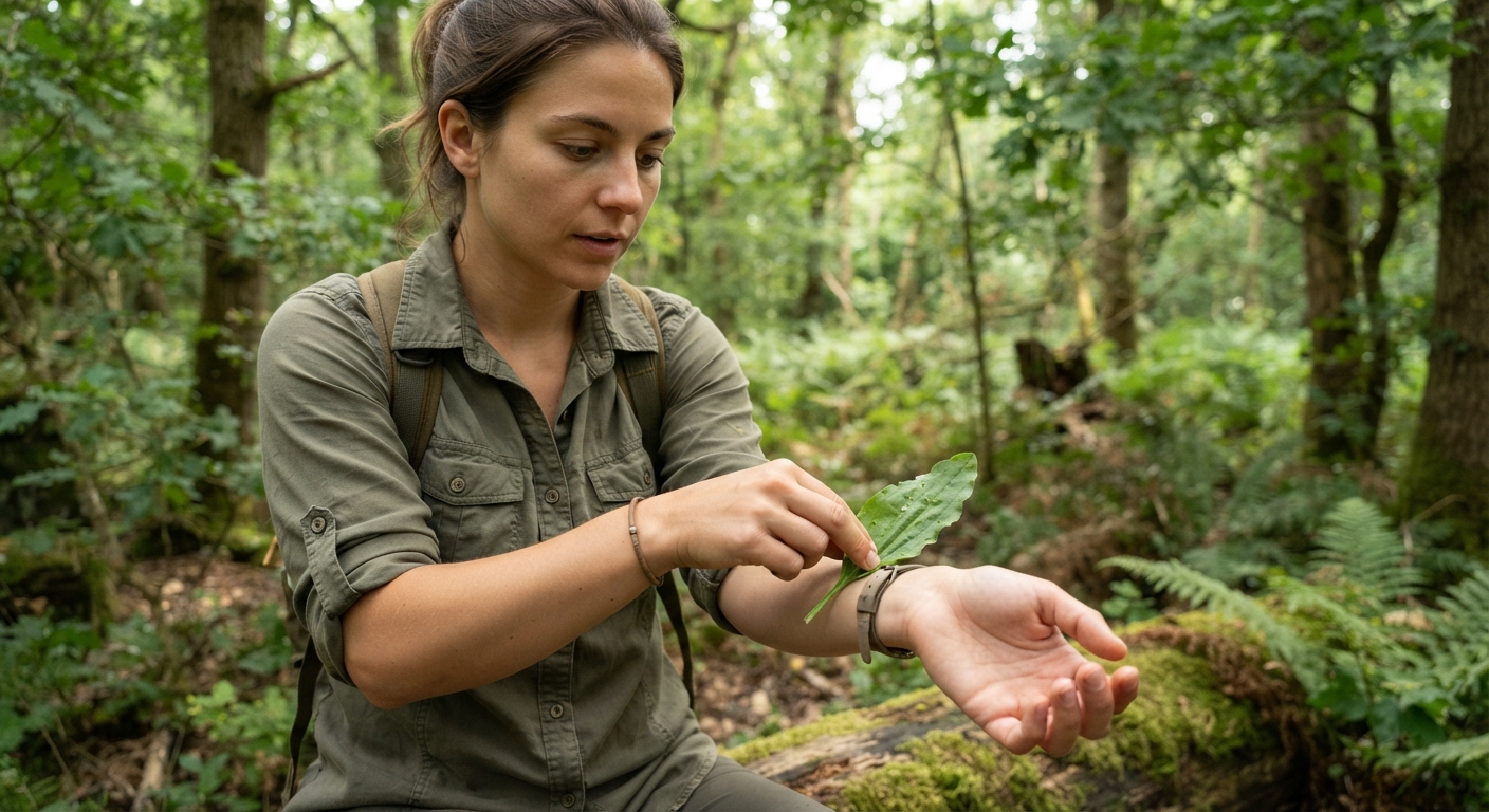 A person pressing a fresh wild plant leaf against the inside of their wrist to test for a skin reaction, outdoor survival setting with forest background