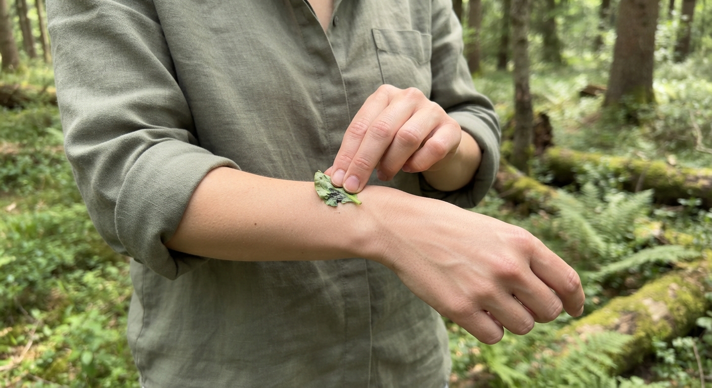 A person applying a small piece of a wild plant to the inside of their wrist, outdoor setting with forest background, natural daylight