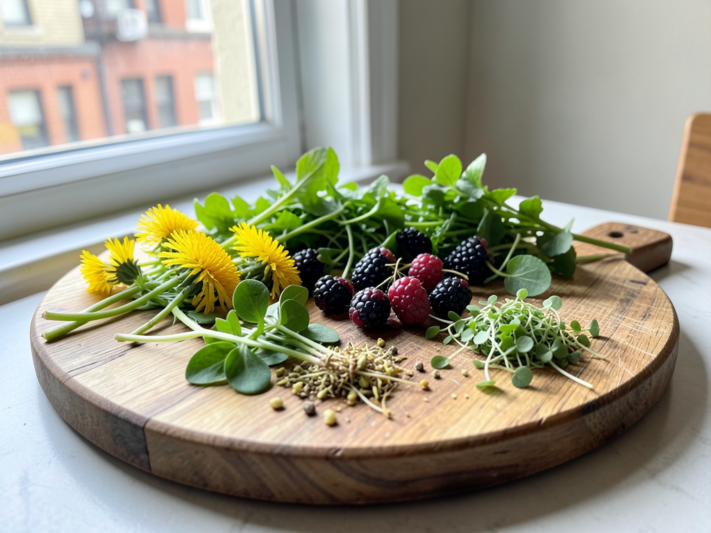Urban foraged edibles spread on cutting board