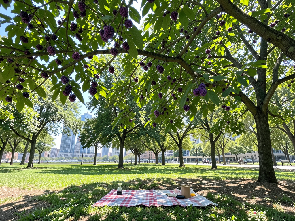 City park with mulberry trees and urban skyline