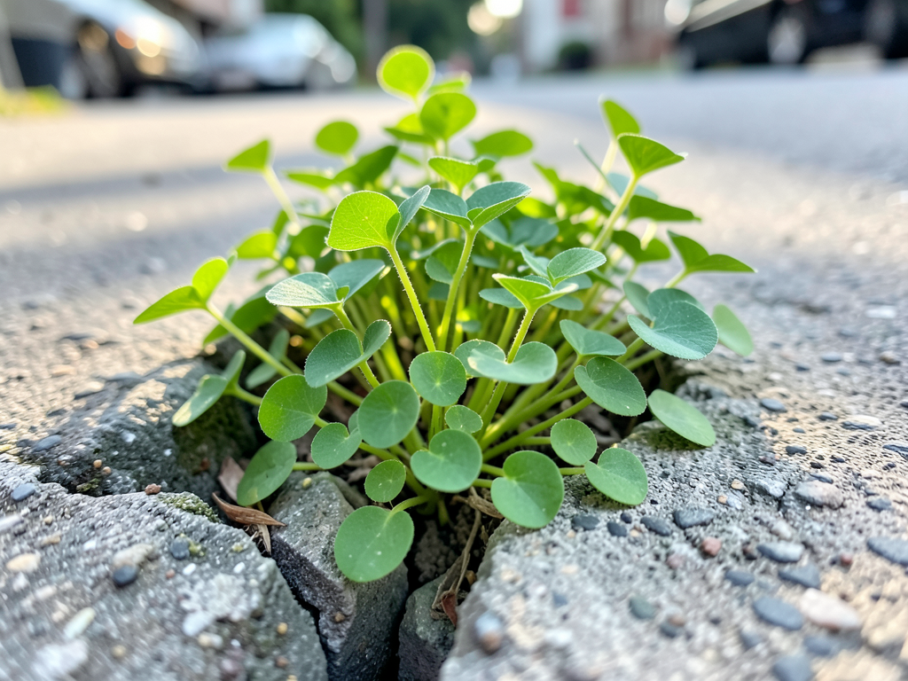 Purslane growing through crack in city concrete