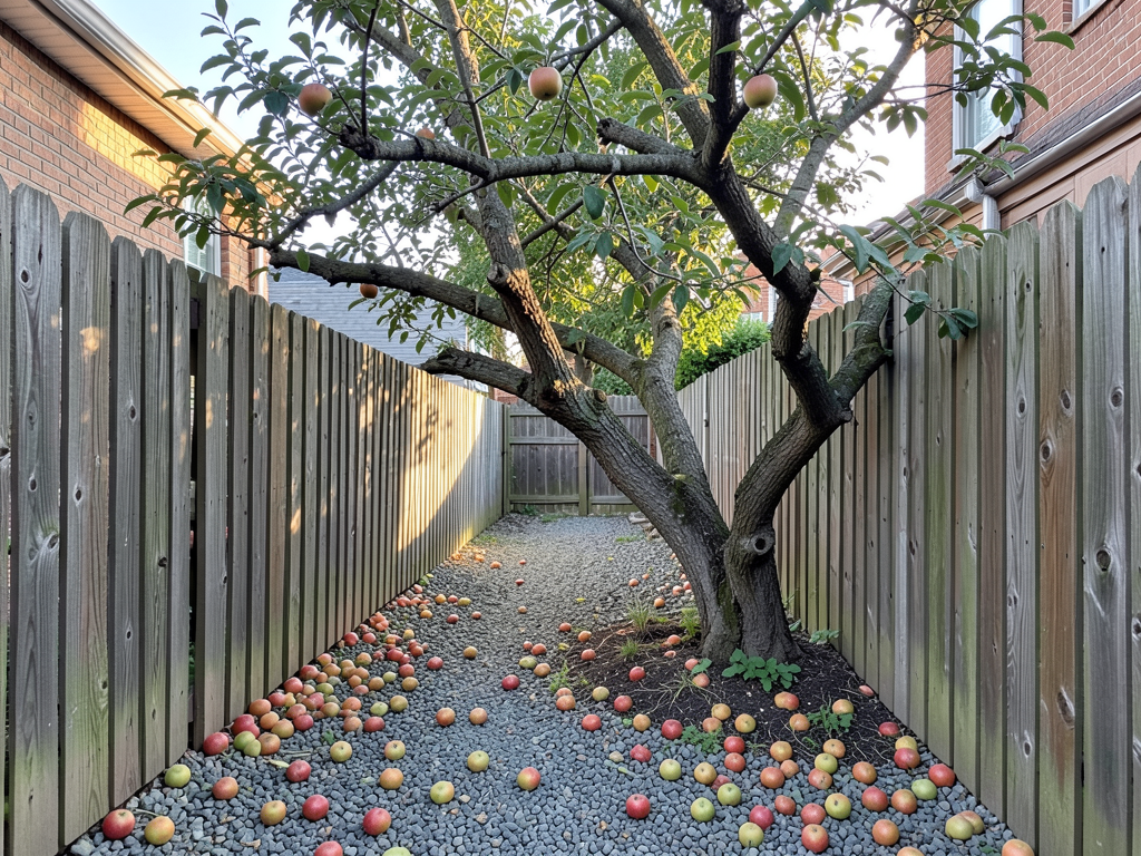 Old apple tree leaning over alley fence with fallen fruit