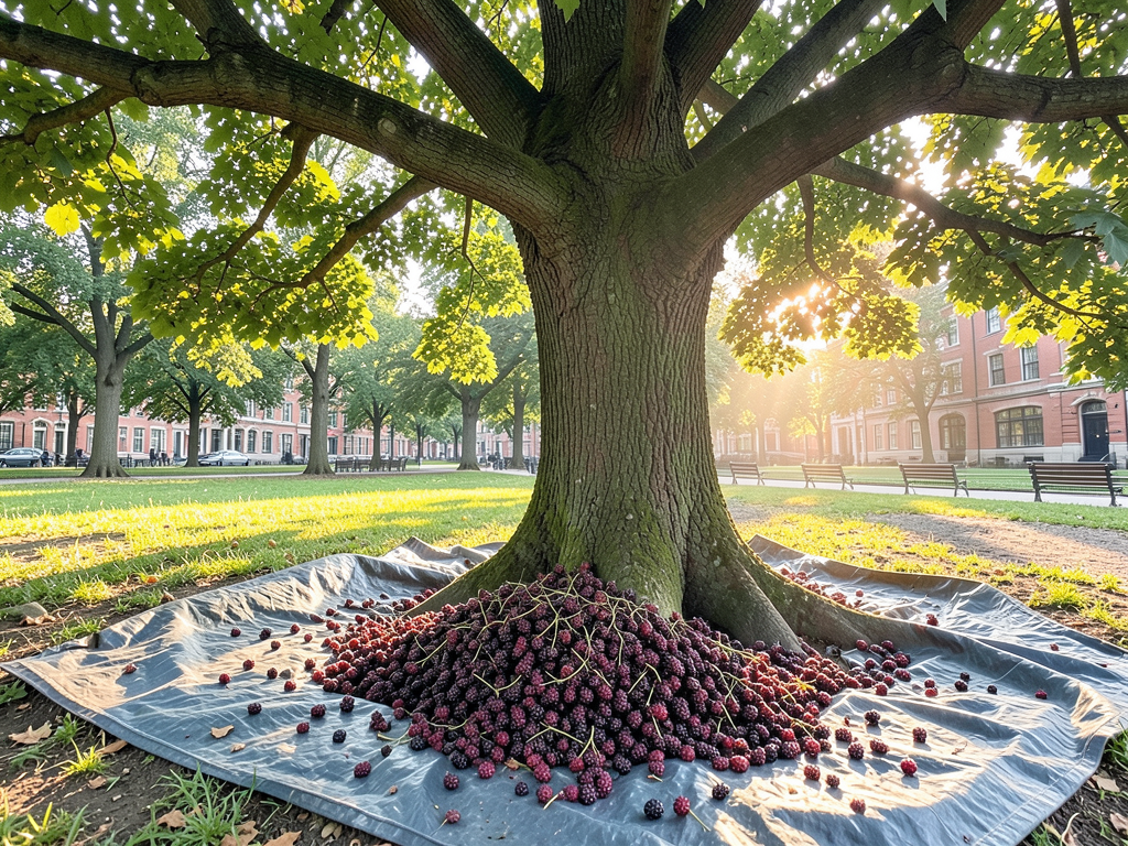 Tarp under mulberry tree with freshly shaken berries