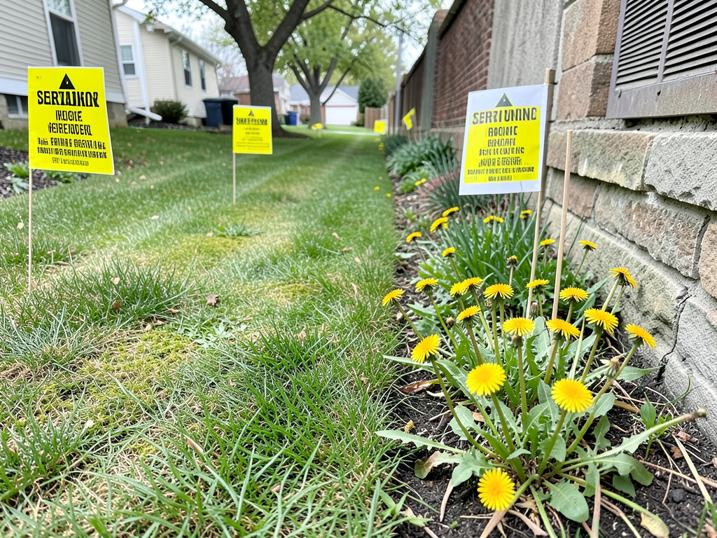 Pesticide warning flags on lawn with dandelions beyond