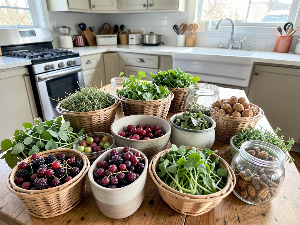 Kitchen table with full day’s urban foraging bounty