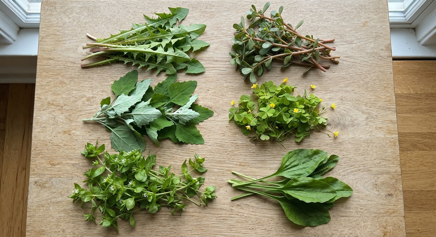 A variety of common edible urban wild plants spread on a wooden surface — dandelion greens, purslane, lamb’s quarters, wood sorrel, chickweed
