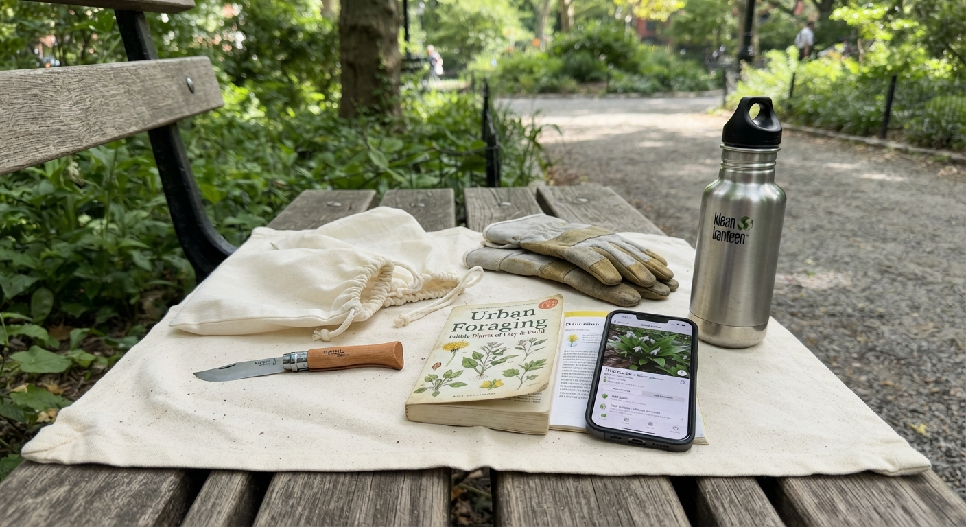 A compact urban foraging toolkit with folding knife, produce bags, gloves, field guide, and phone with plant ID app on a canvas cloth