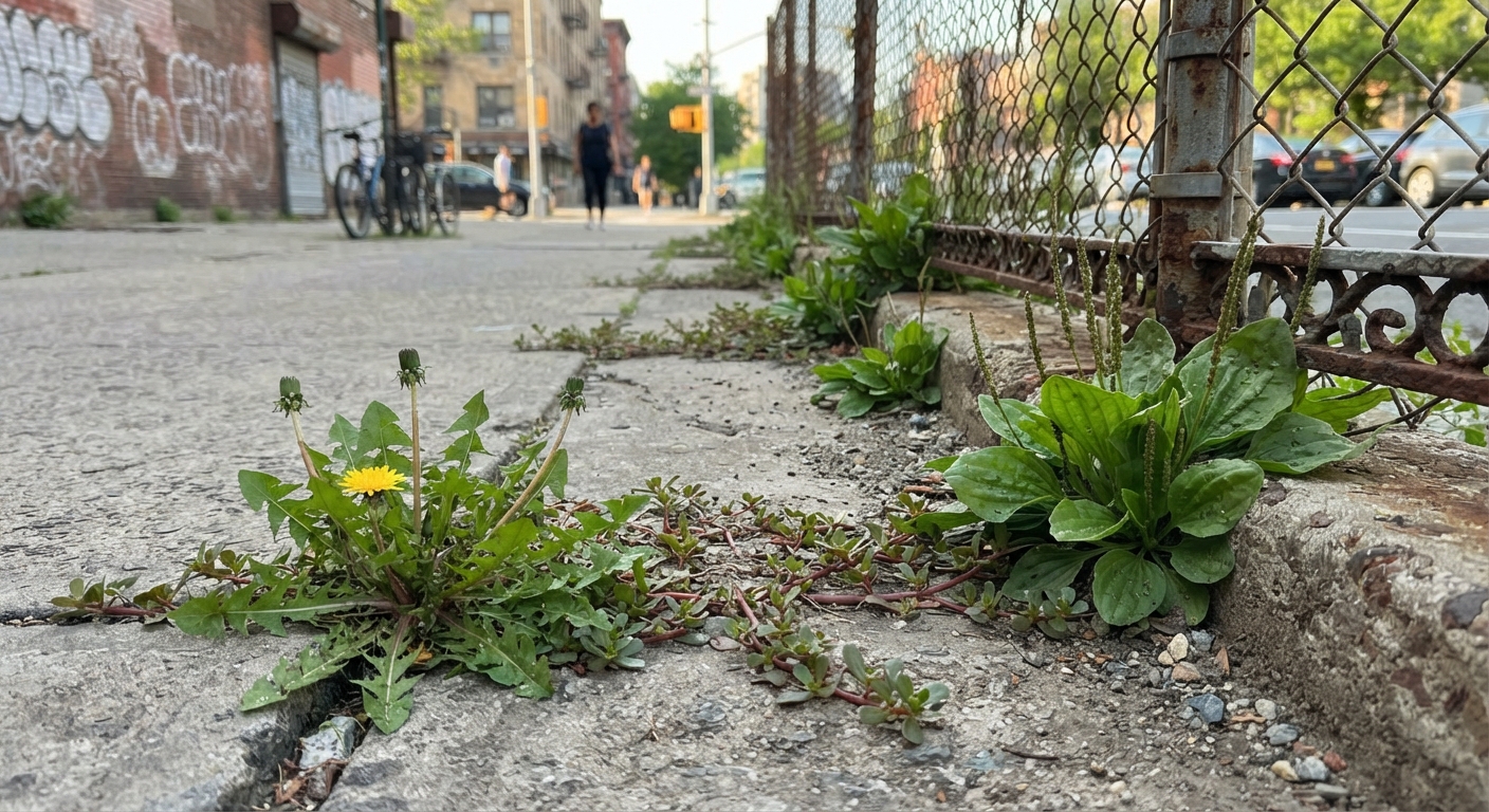 Wild edible plants growing through cracks in a city sidewalk and along an urban fence line
