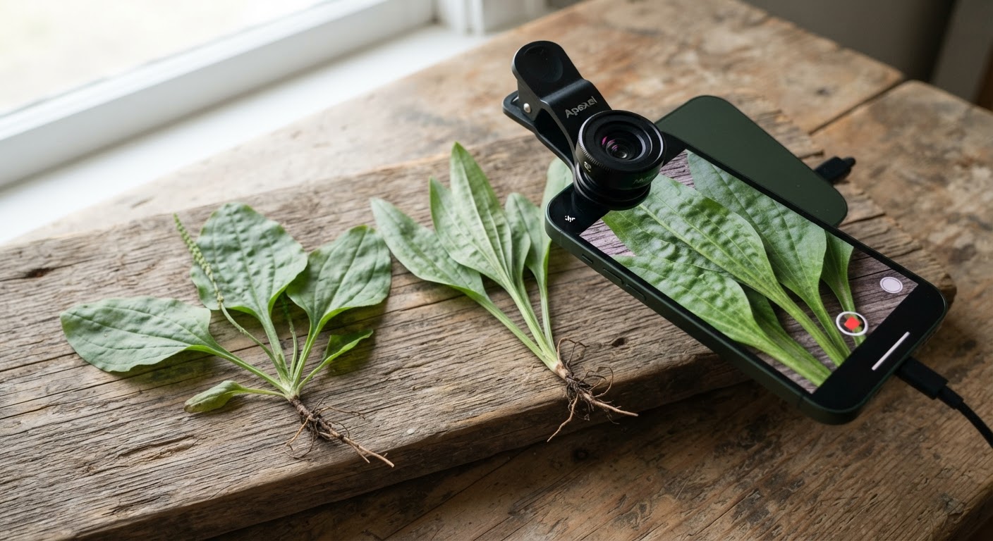 Two similar-looking wild plants laid side by side on a rustic wooden board, a smartphone with clip-on macro lens filming a close-up comparison of the leaf shapes, natural window light