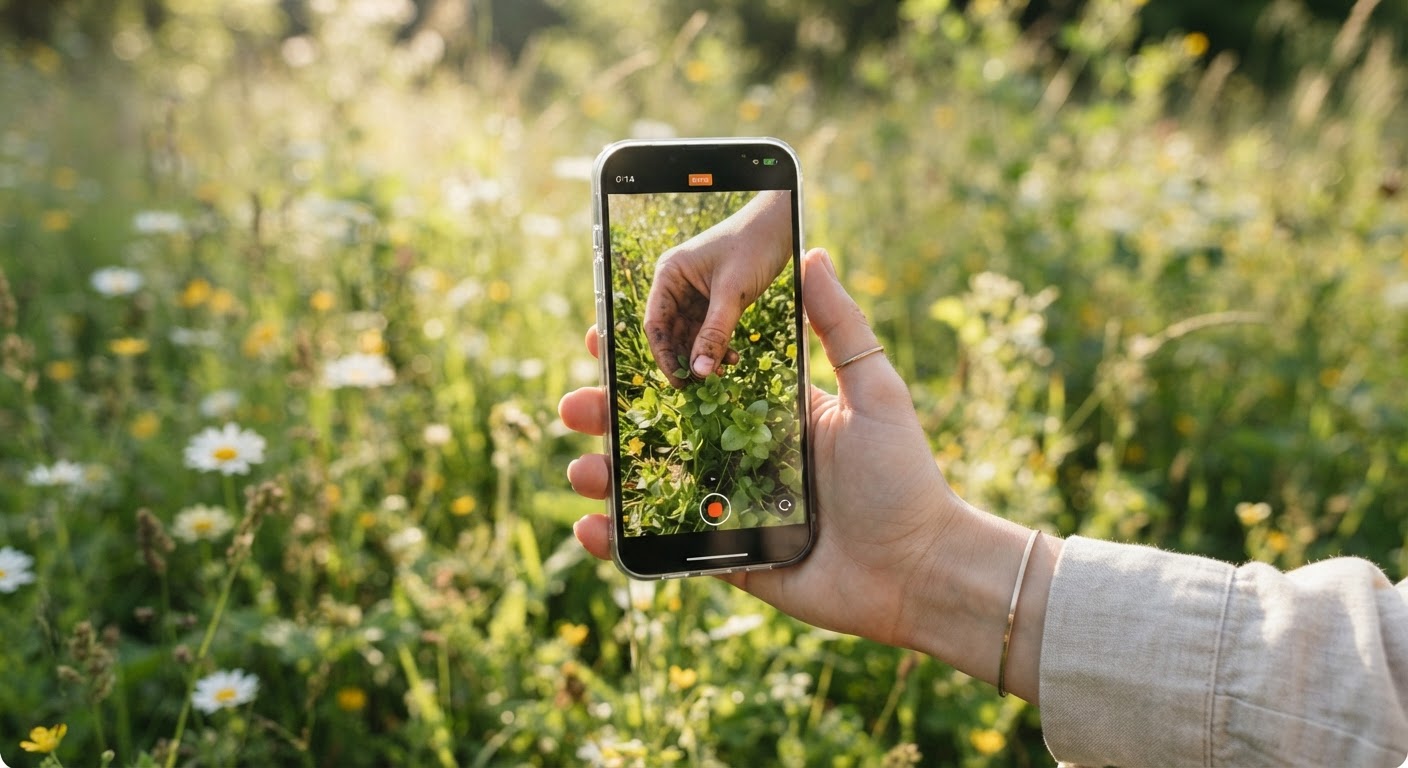 A hand holding a smartphone vertically displaying a short vertical foraging video of picking fresh wild greens, outdoors in a sunny meadow, shallow depth of field