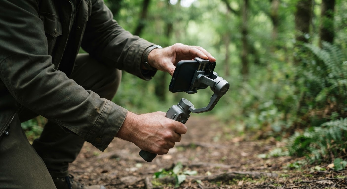 Close-up of hands mounting a smartphone onto a handheld gimbal stabilizer while kneeling on a forest trail