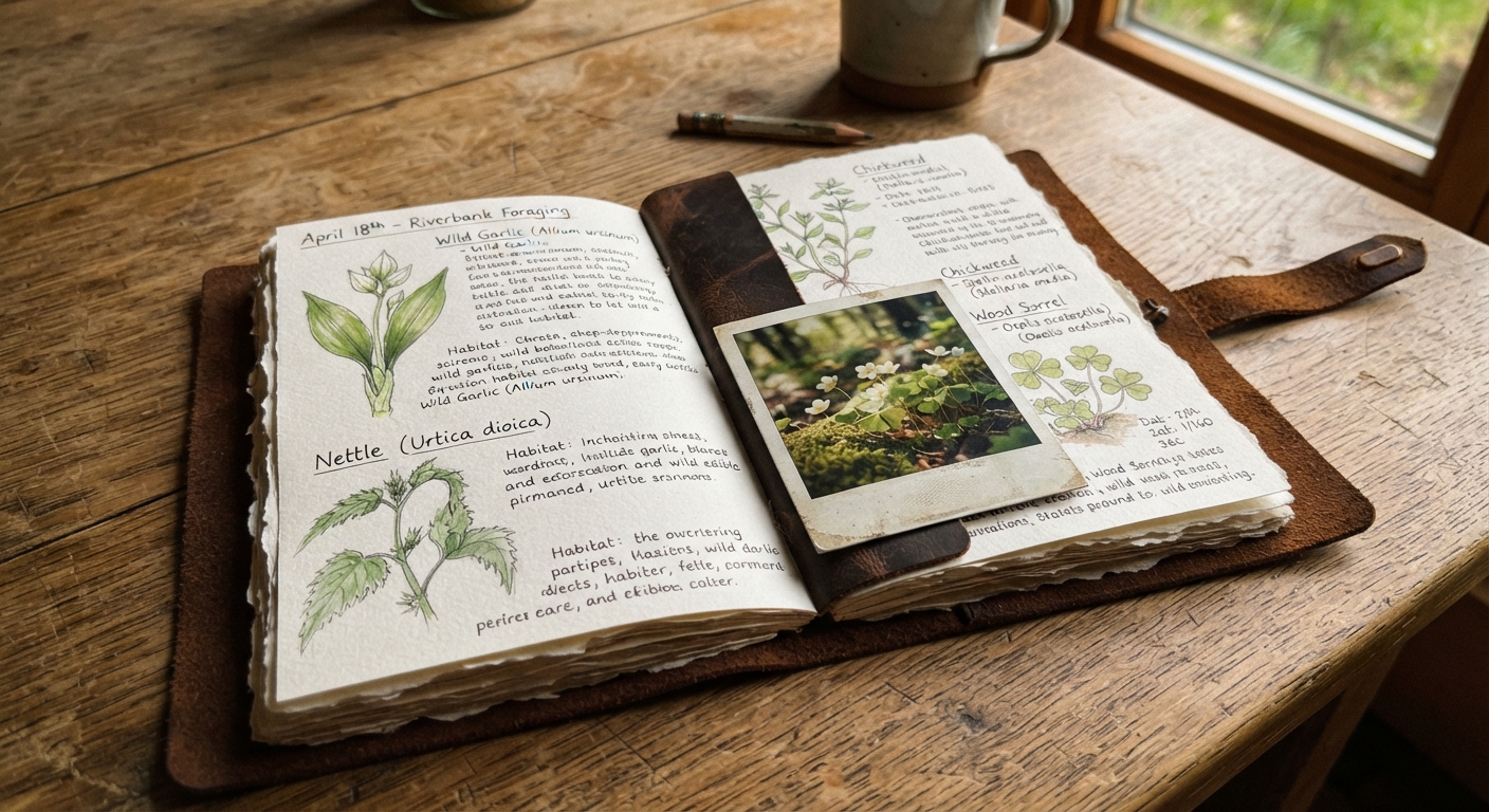 A leather-bound foraging field journal open on a wooden surface, pages filled with handwritten notes and botanical sketches of wild edible plants, a vintage polaroid-style photo tucked into the pages showing wood sorrel and chickweed in a forest setting