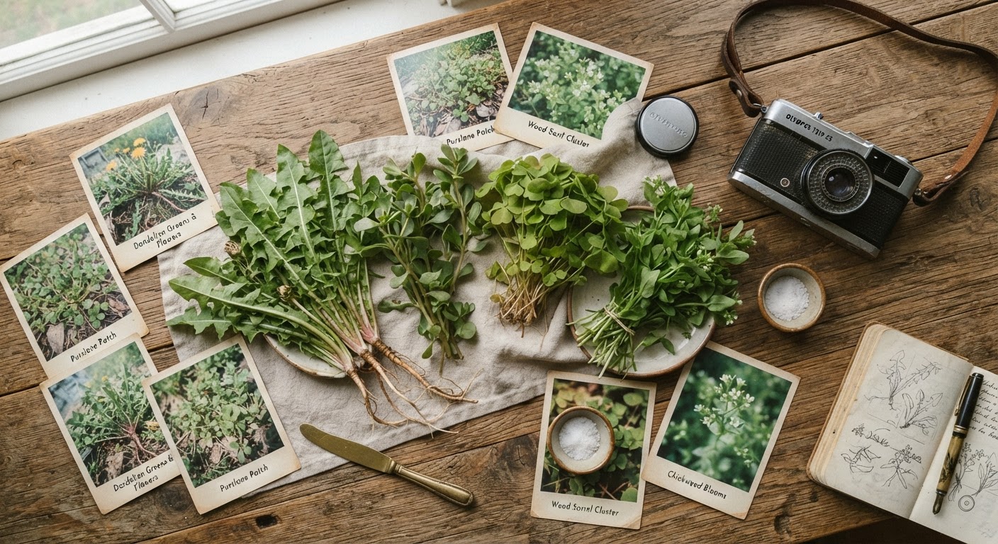 A flat lay arrangement on a rustic wooden table in warm vintage tones: fresh wild edible plants including dandelion greens, purslane, wood sorrel, and chickweed, alongside an old film camera and scattered vintage photo prints