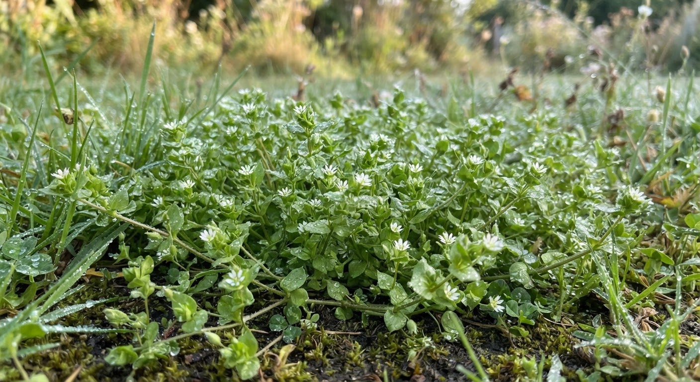 A delicate mat of chickweed with tiny wh…