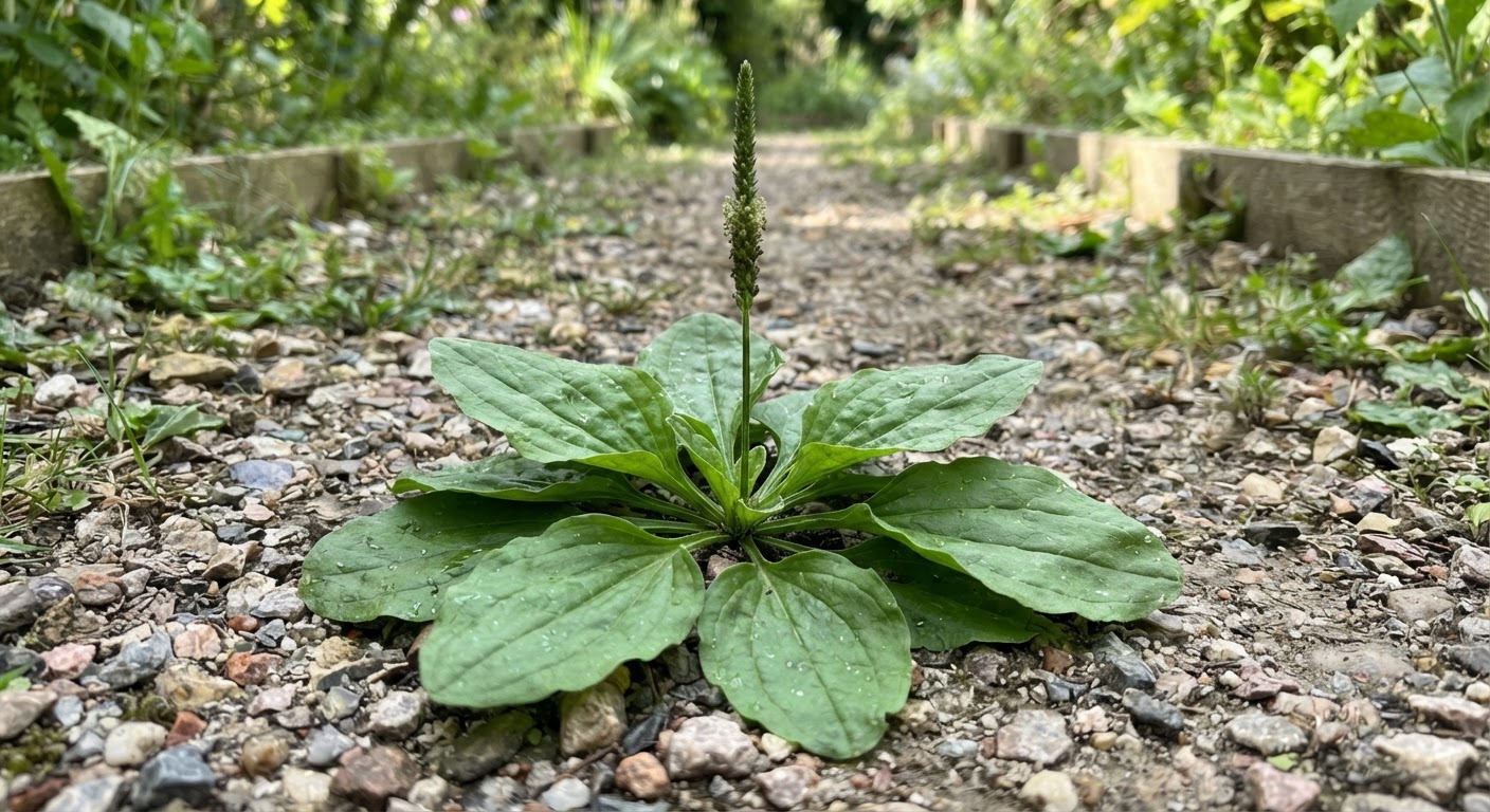 A low-growing broadleaf plantain with ri…