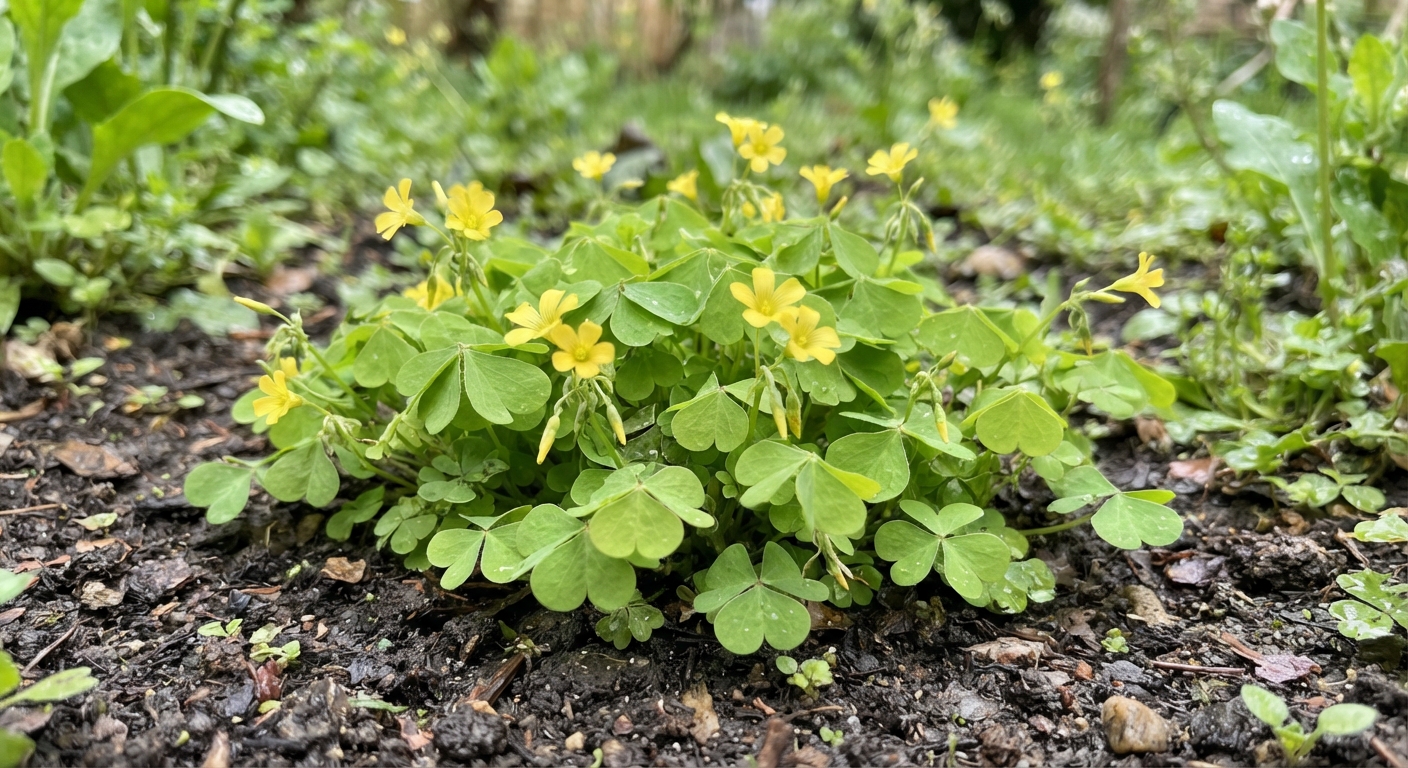 A cluster of wood sorrel with three hear…