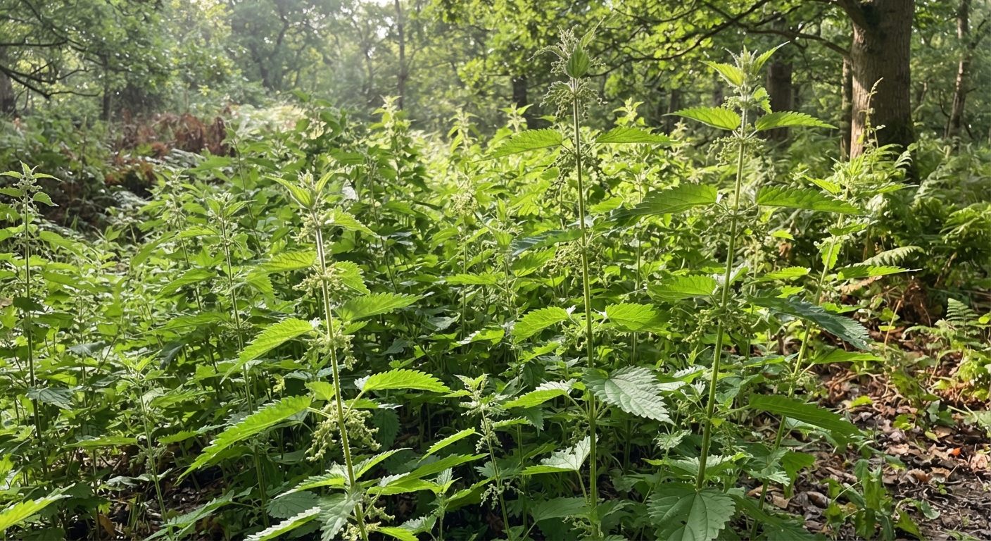 A tall patch of stinging nettle with ser…