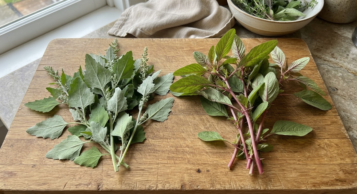 Close-up side by side comparison of two edible weeds on a wooden cutting board - lamb’s quarters with its diamond-shaped dusty green leaves and purslane with reddish stems and fleshy leaves, natural kitchen lighting, photorealistic, shot by iphone 13